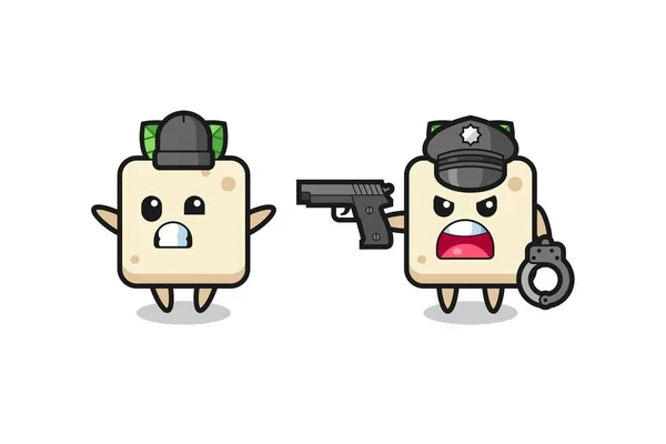 Illustration Voleur Tofu Avec Pose Mains Levées Attrapé Par Police — Image vectorielle