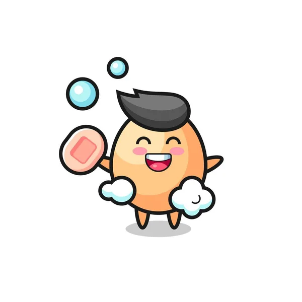 Yumurta Karakteri Elinde Sabun Tutarken Banyo Yapıyor Tişört Çıkartma Logo — Stok Vektör