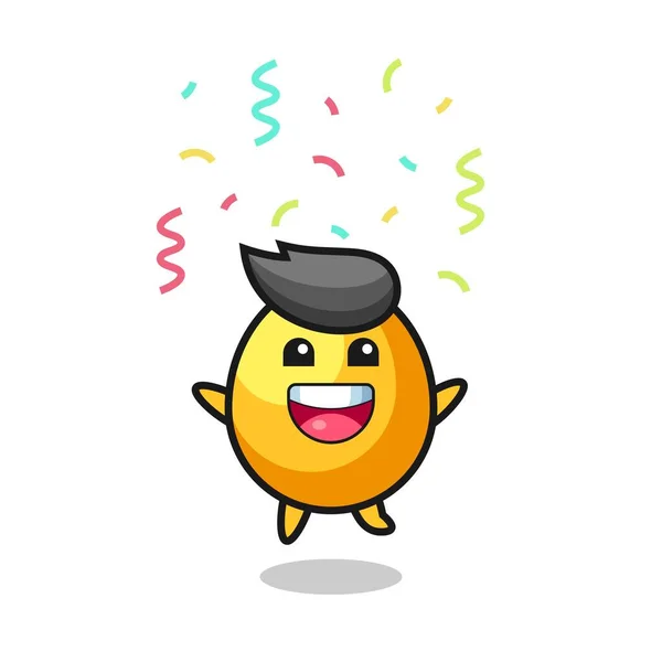 Feliz Mascota Huevo Dorado Saltando Para Felicitar Con Confeti Color — Archivo Imágenes Vectoriales