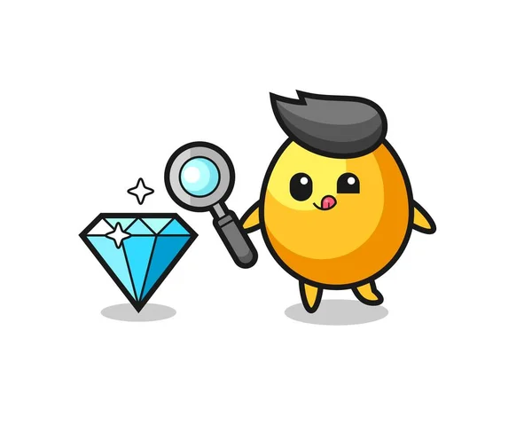 Mascota Huevo Oro Está Comprobando Autenticidad Diamante Lindo Diseño Estilo — Vector de stock