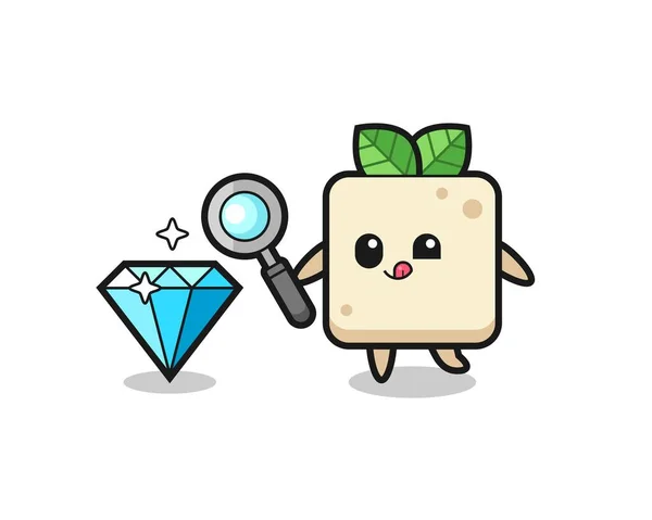 Mascote Tofu Está Verificando Autenticidade Diamante Design Estilo Bonito Para — Vetor de Stock