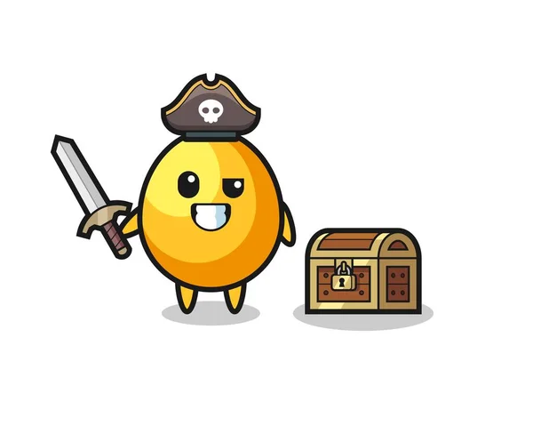 Złoty Charakter Pirat Jaj Trzymając Miecz Obok Skrzynki Skarb Ładny — Wektor stockowy