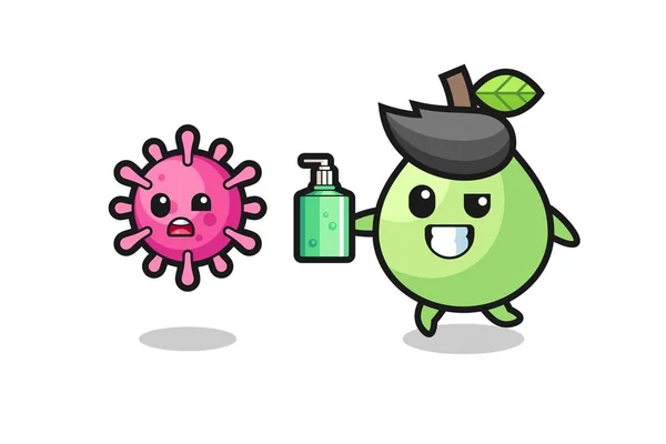 Illustration Des Guaven Charakters Der Dem Bösen Virus Mit Handdesinfektionsmittel — Stockvektor