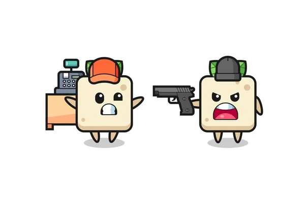 Illustration Tofu Mignon Comme Caissier Est Pointé Une Arme Par — Image vectorielle
