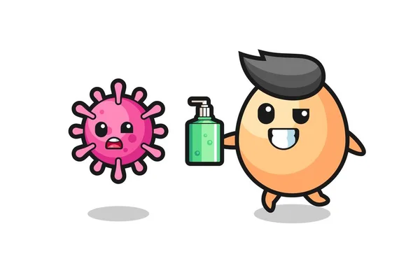 Illustration Egg Character Chasing Evil Virus Hand Sanitizer Cute Style — Stock Vector
