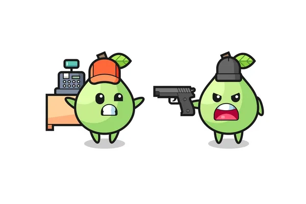 Illustrazione Della Guava Carino Come Cassiere Puntato Una Pistola Rapinatore — Vettoriale Stock