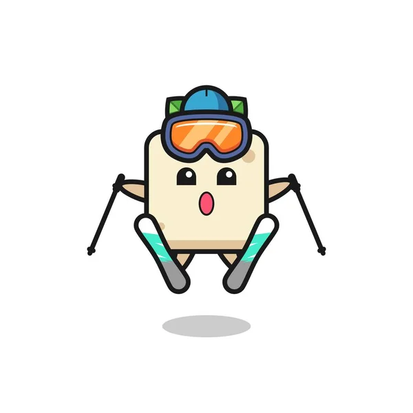 Personaje Mascota Tofu Como Jugador Esquí Lindo Diseño Estilo Para — Archivo Imágenes Vectoriales