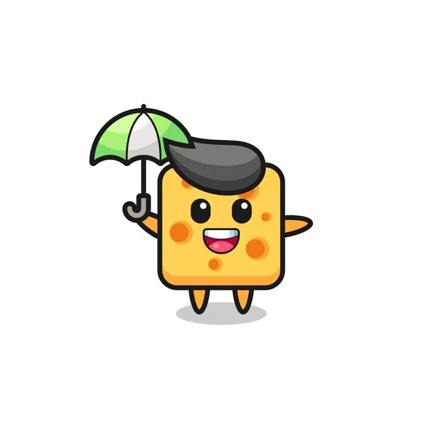 Cute Cheese Illustration Holding Umbrella Cute Style Design Shirt Sticker — Stock Vector
