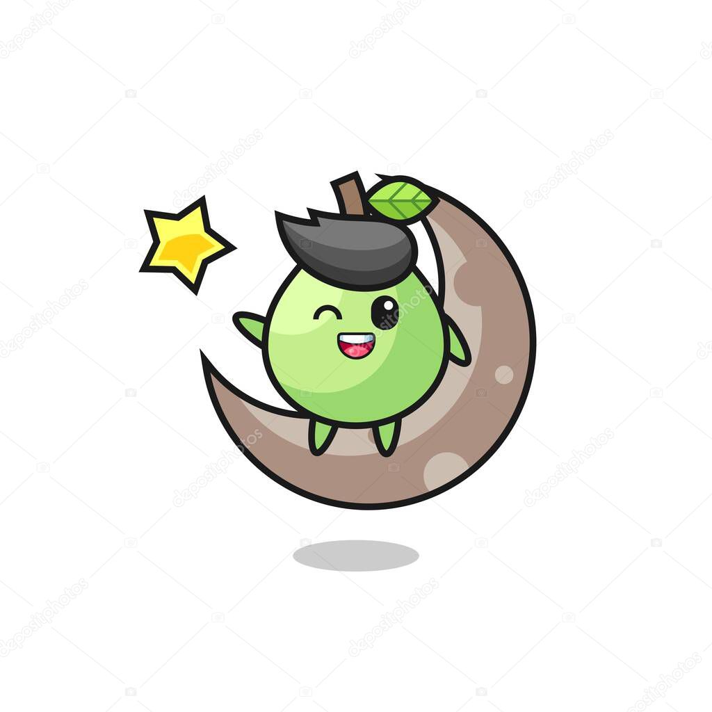 illustration of guava cartoon sitting on the half moon , cute style design for t shirt, sticker, logo element
