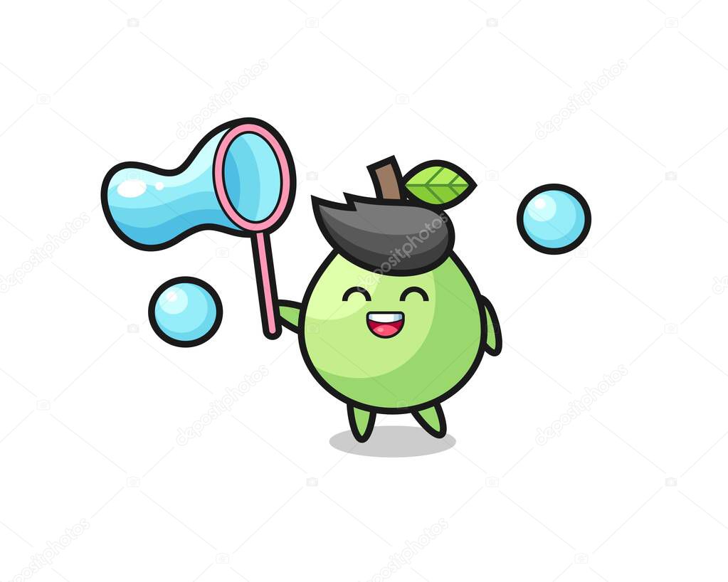 happy guava cartoon playing soap bubble , cute style design for t shirt, sticker, logo element