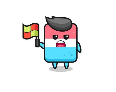 Çizgi hakimi olarak silgi karakteri bayrağı kaldırıyor, tişört, çıkartma, logo ögesi için şirin bir tasarım