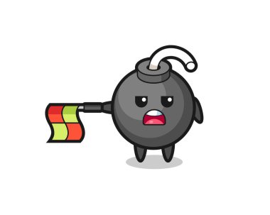 bomba karakteri çizgi hakemi bayrağı yatay tutun, tişört, etiket, logo ögesi için şirin tasarım