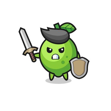 Şirin kireç asker kılıç ve kalkanla savaşıyor. Tişört, çıkartma ve logo için şirin bir tasarım.