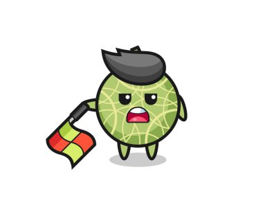 kavun meyvesi karakteri çizgi yargıcı bayrağı 45 derecelik açıyla aşağıda tut, tişört, çıkartma, logo elementi için şirin bir tasarım.