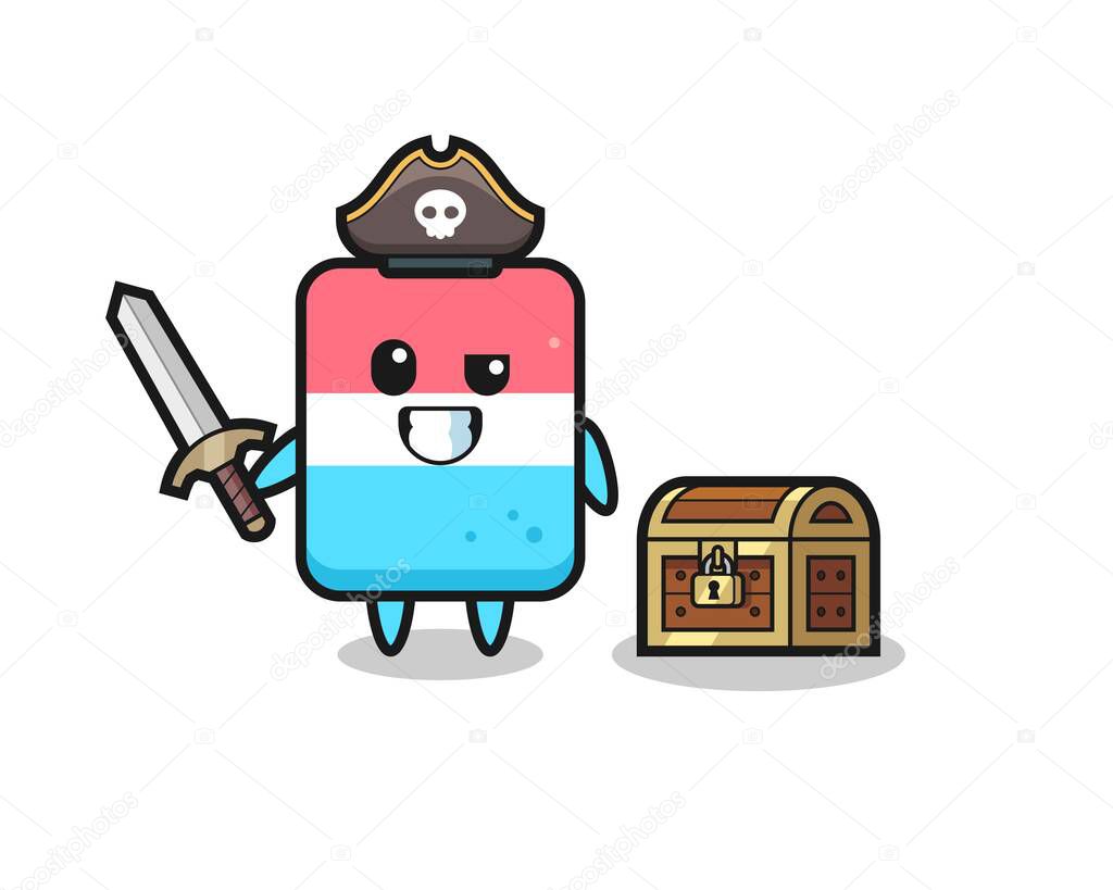 the eraser pirate character holding sword beside a treasure box , cute style design for t shirt, sticker, logo element