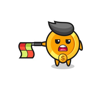 Dolar madeni para karakteri çizgi hakemi olarak bayrağı yatay tutun, tişört, etiket, logo elementi için şirin bir tasarım yapın.