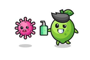 Misket limonu karakteri el dezenfektanı ile kötü virüsü kovalıyor tişört, çıkartma, logo elementi için şirin bir tasarım.