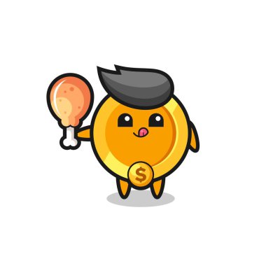 Para birimi şirin maskotu kızarmış tavuk yiyor. Tişört, çıkartma, logo elementi için şirin bir tasarım.