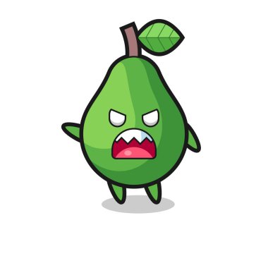 Tişört, çıkartma, logo elementi için sevimli bir stil tasarımı ve kızgın poz veren sevimli avokado karikatürü.