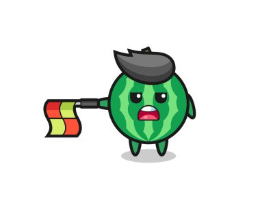 Çizgi hakemi olarak karpuz karakteri bayrağı yatay olarak düz tut, tişört, etiket, logo elementi için şirin bir tasarım yap