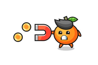Mandarin portakalı karakteri altın sikkeleri yakalamak için bir mıknatıs tutar, tişört, çıkartma, logo elementi için şirin bir tasarım.