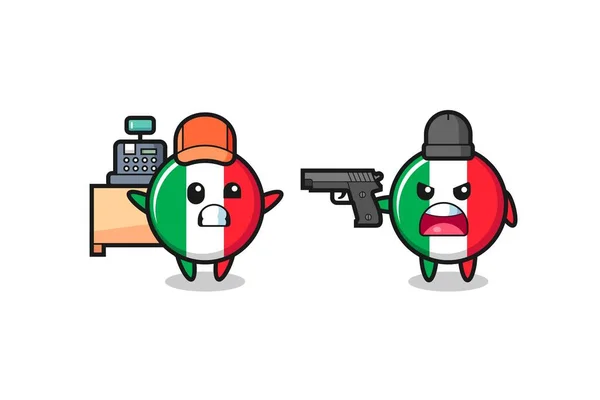 作为出纳员的可爱的意大利国旗的图解被强盗用枪指着 标志元素的可爱风格设计 — 图库矢量图片