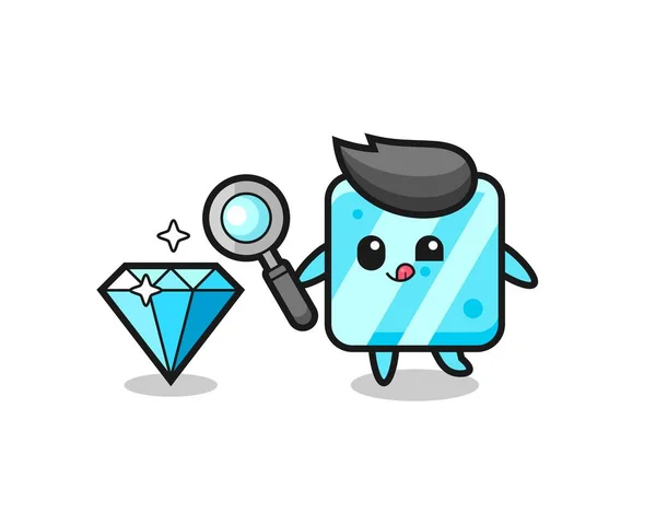 Mascota Del Cubo Hielo Está Comprobando Autenticidad Diamante Diseño Estilo — Vector de stock