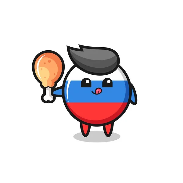 Rusland Vlag Badge Schattig Mascotte Het Eten Van Een Gebakken — Stockvector