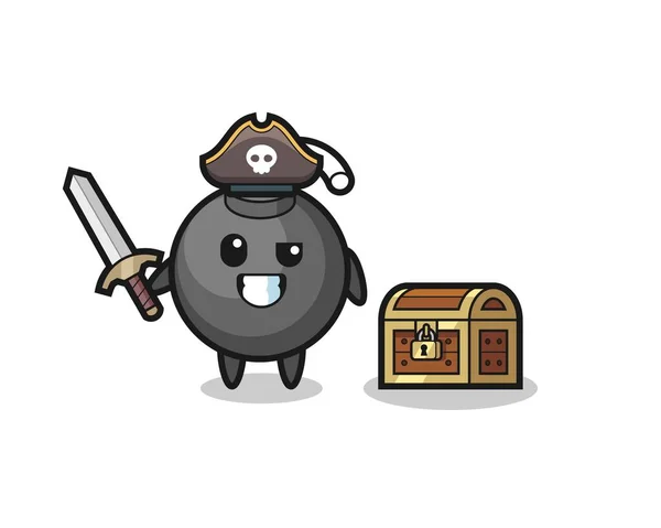 Bomb Pirate Character Holding Sword Treasure Box Cute Style Design — Stock Vector