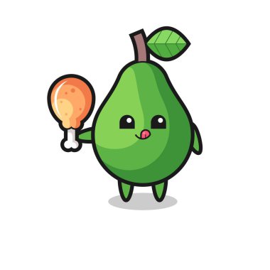 Avokado şirin maskotu kızarmış tavuk yiyor. Tişört, çıkartma, logo elementi için şirin bir tasarım.