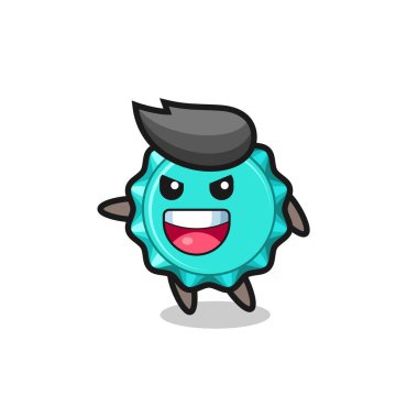 Şişe kapağı karikatürü, çok heyecanlı bir poz, tişört, çıkartma, logo elemanı için şirin bir tasarım.