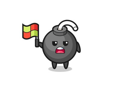 bomba karakteri çizgi hakimi bayrağı asıyor, tişört, etiket, logo elementi için şirin bir tasarım