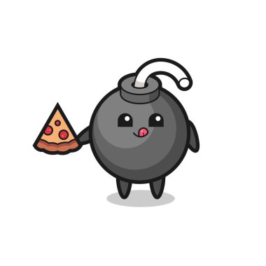 Tatlı bomba karikatürü pizza yiyor, tişört, çıkartma, logo elementi için şirin bir tasarım.