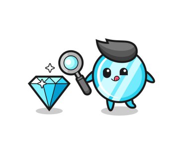 Ayna maskotu elmasın orijinalliğini kontrol ediyor. Tişört, çıkartma, logo elementi için şirin bir tasarım.