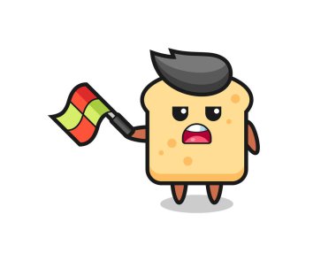 Çizgi film hakimi olarak ekmek karikatürü bayrağı 45 derecelik açıyla kaldırın, tişört, çıkartma, logo elementi için şirin bir tasarım.