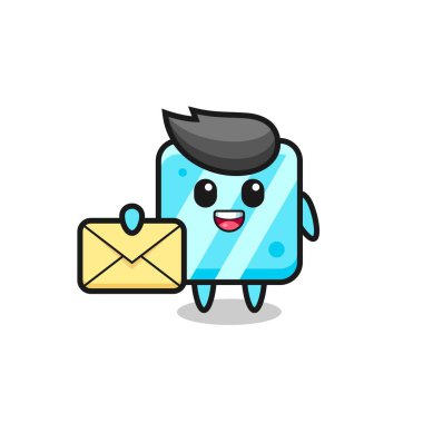 Sarı bir harf tutan buz kalıbının karikatür çizimi, tişört, etiket, logo elementi için şirin bir tasarım.