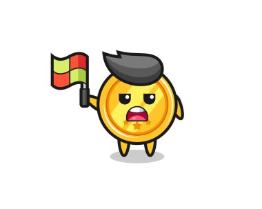 Madalya sahibi yargıç bayrağı kaldırıyor, tişört, etiket ve logo için şirin bir tasarım.