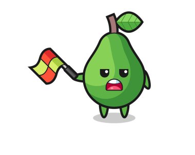 Avokado çizgi filmi çizgi film yargıcı olarak bayrağı 45 derecelik açıyla kaldırır, tişört, çıkartma, logo elementi için şirin bir tasarım.