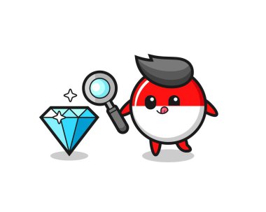 Endonezya bayrak maskotu bir elmasın orijinalliğini kontrol ediyor, tişört, çıkartma, logo elementi için şirin bir tasarım.