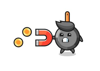 Kızartma tavası karakteri altın sikkeleri yakalamak için mıknatıs tutar, tişört, çıkartma, logo elementi için şirin bir tasarım.