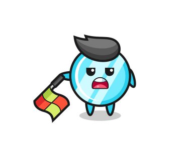 çizgi yargıcı olarak ayna karakteri bayrağı 45 derecelik açıyla tutun, tişört, etiket, logo elementi için şirin bir tasarım