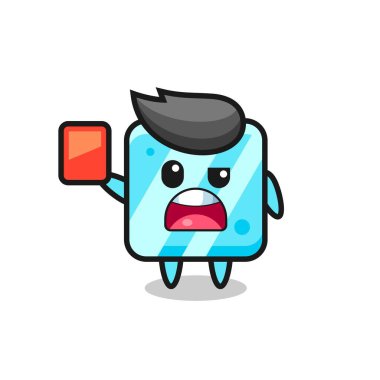 Hakem olarak buz küpü şirin maskotu kırmızı kart veriyor. Tişört, çıkartma, logo elementi için şirin bir tasarım.