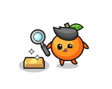 Mandarin turuncu karakteri altın külçesinin orijinalliğini kontrol ediyor, tişört, çıkartma, logo elementi için şirin bir tasarım.