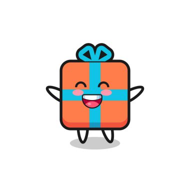 Mutlu bebek hediye kutusu çizgi film karakteri, tişört, etiket, logo elemanı için şirin bir tasarım.