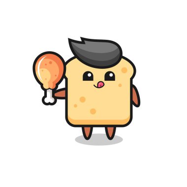 Şirin ekmek maskotu kızarmış tavuk yiyor. Tişört, çıkartma, logo elementi için şirin bir tasarım.