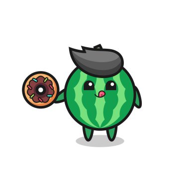 Karpuz yiyen bir karpuz karakteri tasarımı. Tişört, etiket, logo elementi için şirin bir tasarım.