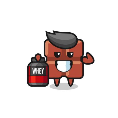 Kas çikolatası karakteri bir protein takviyesi tutuyor. Tişört, etiket, logo elementi için şirin bir tasarım.