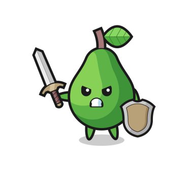 Şirin avokado askeri kılıçla ve kalkanla savaşıyor. Tişört, çıkartma, logo elementi için şirin bir tasarım.