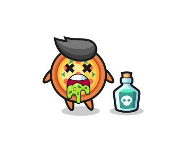 Zehirlenme sonucu kusan bir pizza karakterinin resmi, tişört, etiket, logo elementi için şirin bir tasarım.