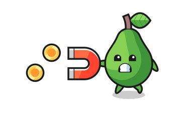 Avokado karakteri altın sikkeleri yakalamak için bir mıknatıs tutar, tişört, çıkartma, logo elementi için şirin bir tasarım.